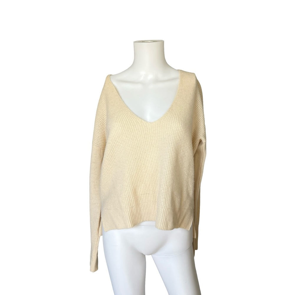 Halogen Cashmere Sweater Waffle Knit Cream V Neck Neutral Womens Size Medium